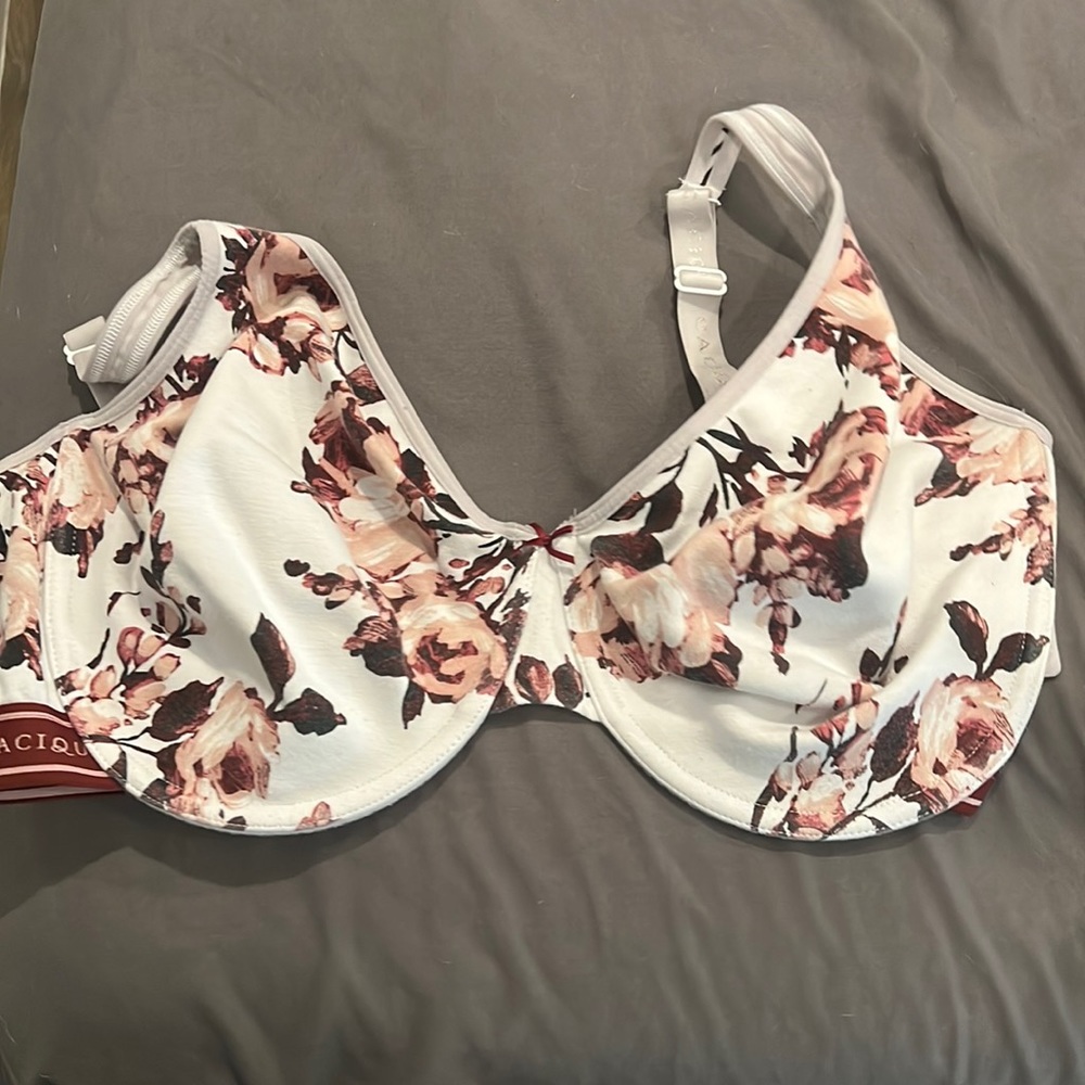 Cacique 42F white with maroon and pink flowers bra